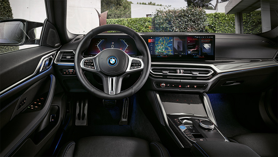 BMW i4 M50 G26 2021 interior, cockpit, instrument panel and centre console