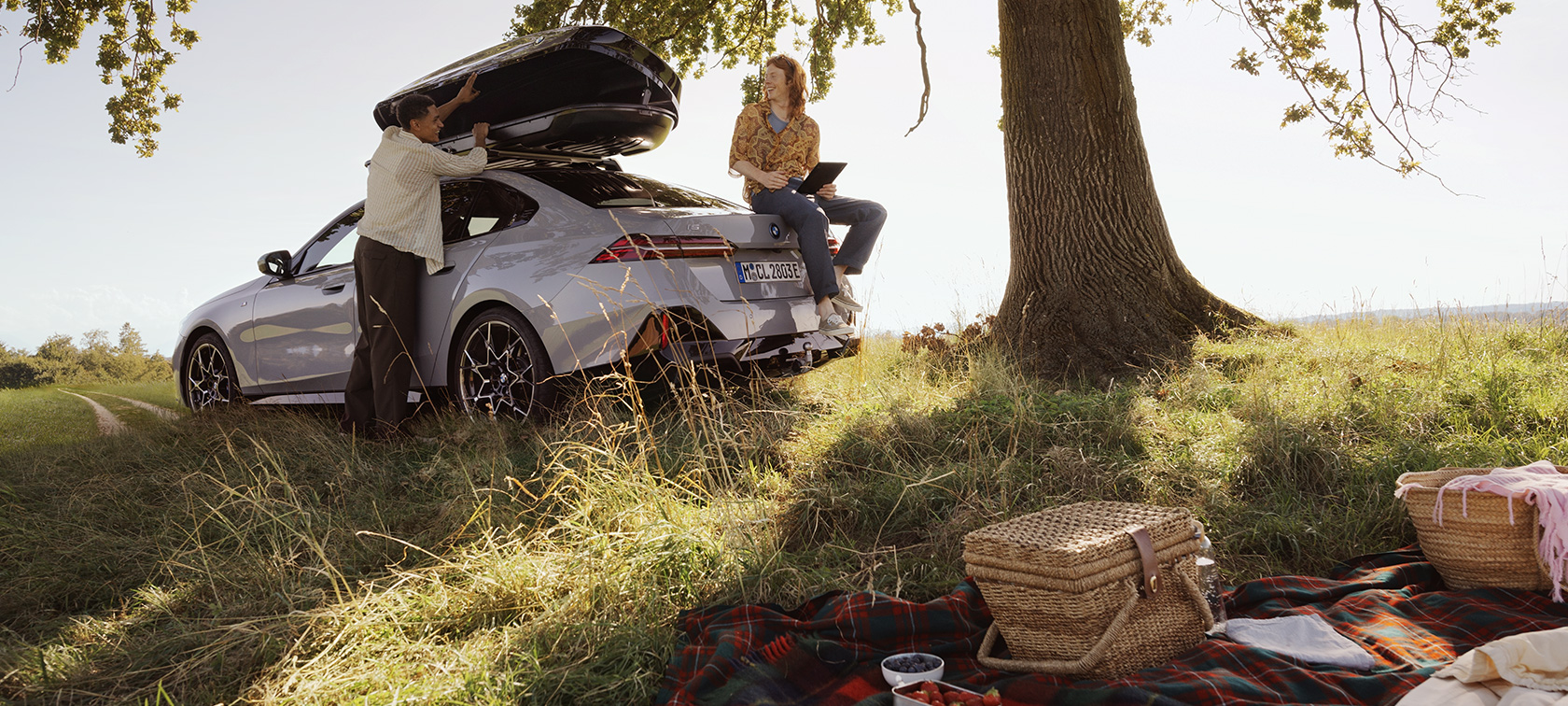 BMW i5 eDrive40 with featuring a roof box and 21” M Performance light alloy wheel Cross-spoke 943 M with sunny skies above, parked on a green meadow beneath a tree